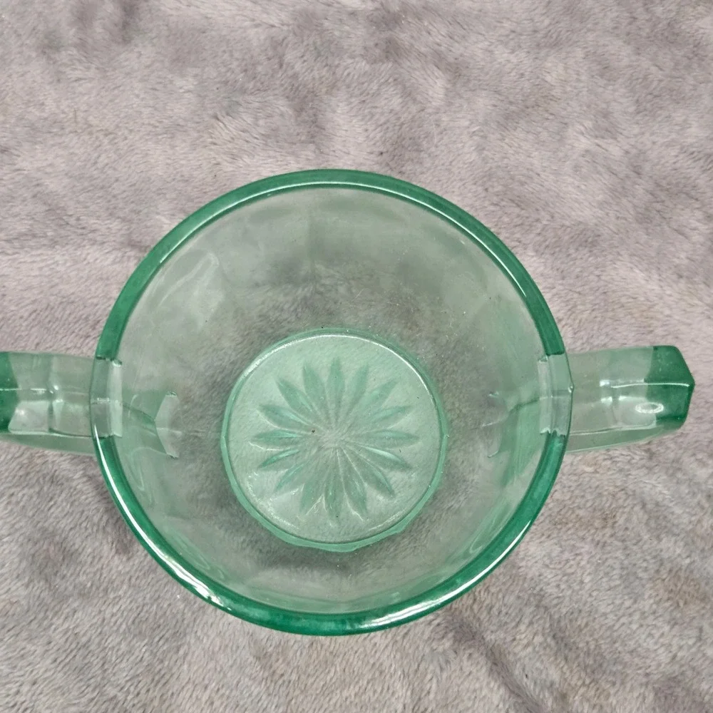 Vintage Green Uranium Glass Sugar Bowl Paneled Double Handle Starburst Base